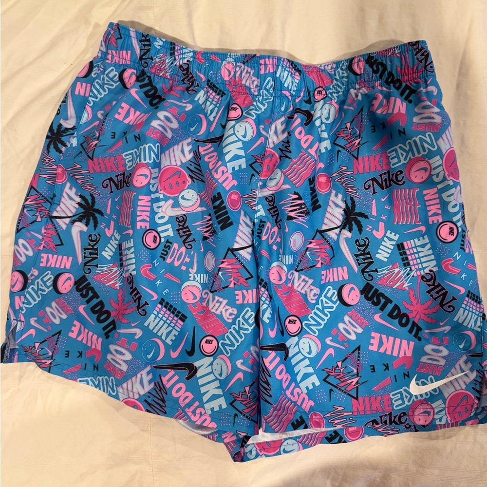 Nike Pink Mesh Lined Athletic Shorts with Blue Graphic Waistband